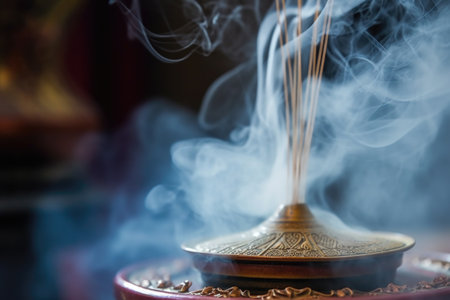 close-up of smoke rising from burning incense, created with generative aiの素材