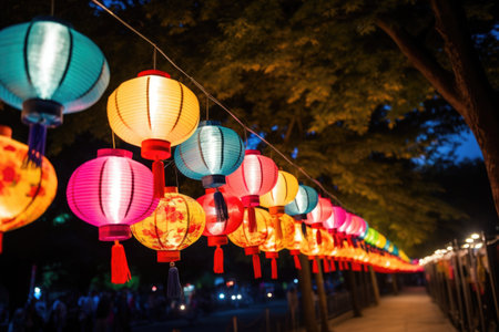 colorful lanterns hung at a mid-autumn festival, created with generative aiの素材