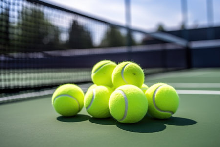 closeup of tennis balls and racquet on a tennis court, created with generative aiの素材