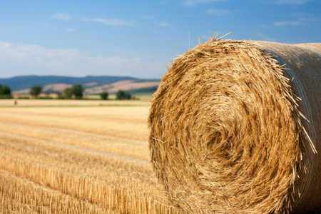close-up image of a hay stack in field, created with generative aiの素材