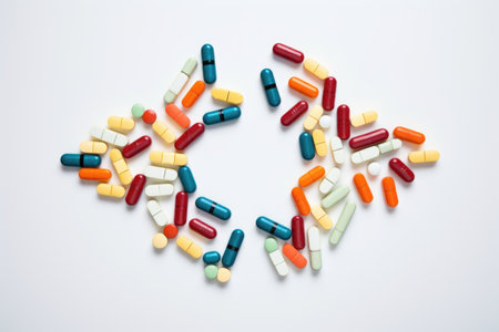 pills arranged in the shape of a cross on a plain background, created with generative aiの素材