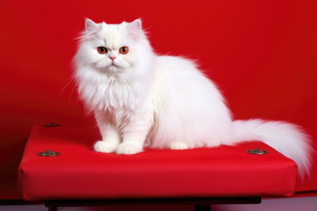 white persian cat sitting on a red cushion, created with generative aiの素材