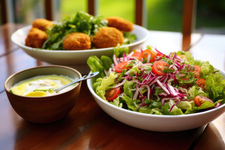 bowl filled with fresh salad next to a plate of fried food, created with generative aiの素材