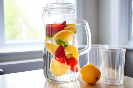 close-up of fruit-infused water in a glass jug, created with generative aiの素材