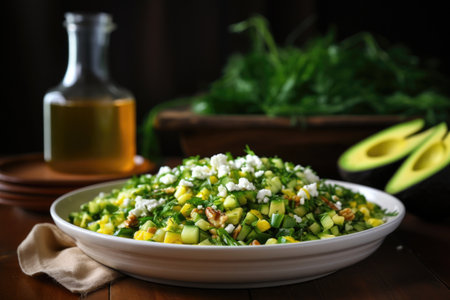 corn and avocado salad on an oak table, created with generative aiの素材