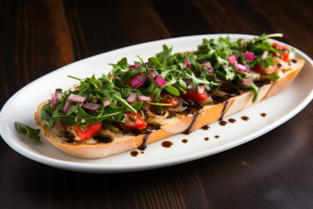ceramic plate of bruschetta with chopped arugula and red onion, created with generative aiの素材