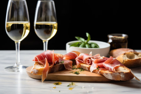 prosciutto bruschetta next to a white wine bottle, created with generative aiの素材