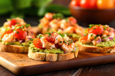 slices of bruschetta with shrimp and avocado spread, created with generative aiの素材