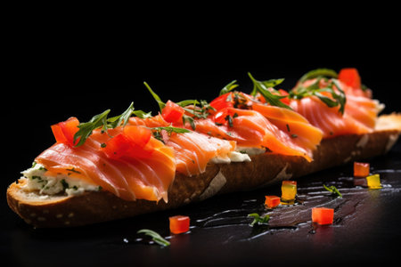 bruschetta topped with smoked salmon nestled on black background, created with generative aiの素材