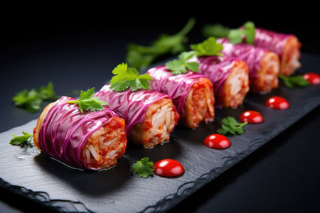 red cabbage rolls on black slate, created with generative aiの素材
