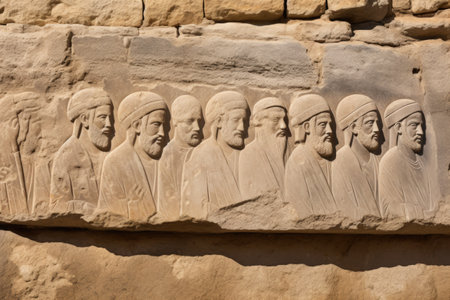 drawing of apostles etched on a stone-wall, created with generative aiの素材