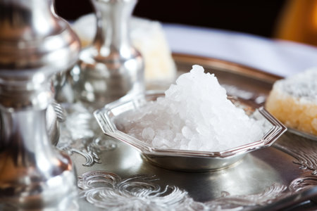 detail of salt for baptism ceremony in a silver dish, created with generative aiの素材
