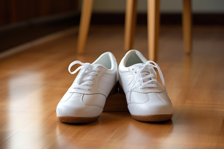 tai chi shoes placed neatly on a wooden floor, created with generative aiの素材