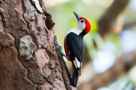 woodpecker tapping on a bark-covered tree, created with generative aiの素材