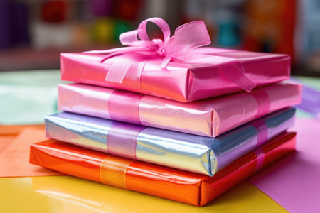 close-up on a stack of unwrapped birthday gifts, created with generative aiの素材