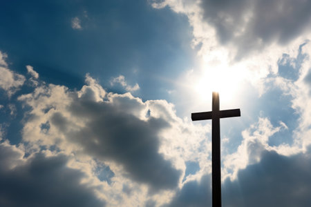 clouds parting and sunlight creating a natural spotlight on a cross, created with generative aiの素材