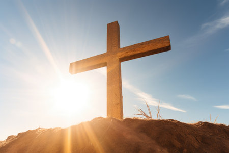 a golden cross glowing under the sun, created with generative aiの素材