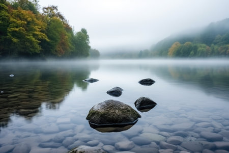 calm river with stones and soft fog in the background, created with generative aiの素材