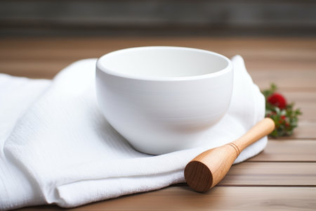 a white singing bowl on a wooden table with a mallet, created with generative aiの素材