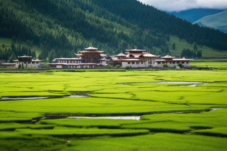 monastery surrounded by vast green rice patties, created with generative aiの素材