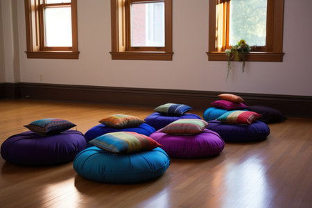 meditation cushions arranged in a quiet room, created with generative aiの素材