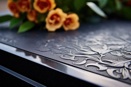 close up of engraved epitaph on a tombstone, created with generative aiの素材
