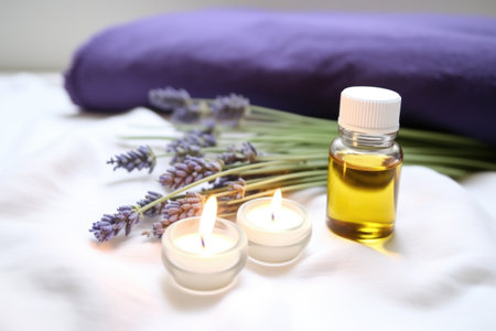 sleep essentials: bed with a sleeping mask, earplugs, and lavender oil, created with generative aiの素材
