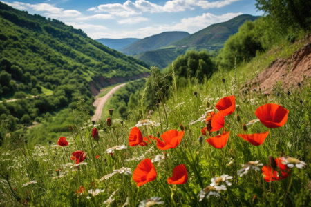 red poppies blooming on a hillside, created with generative aiの素材