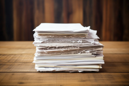 pile of recycled paper on a wooden table, created with generative aiの素材