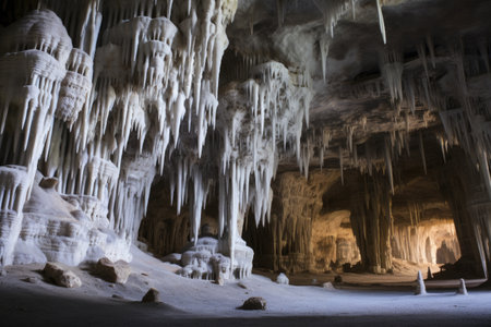 wide-angle shot of a cave room with visible stalactites and stalagmites, created with generative aiの素材