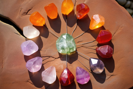 a overhead shot of circle made from colored crystals representing chakras, created with generative aiの素材
