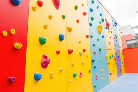 a climbing wall for children with bright holds and grips, created with generative aiの素材
