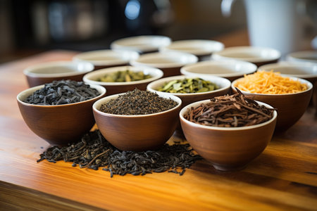 several varieties of loose-leaf tea in small, stacked bowls, created with generative aiの素材