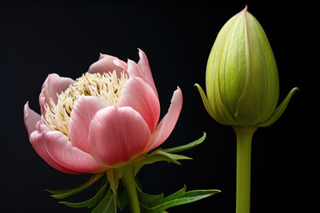 a blooming flower next to a closed bud, created with generative aiの素材