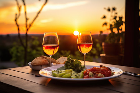 a gourmet meal for two served on a patio at sunset, created with generative aiの素材