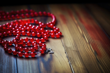 rosary with red beads on a hardwood table, created with generative aiの素材