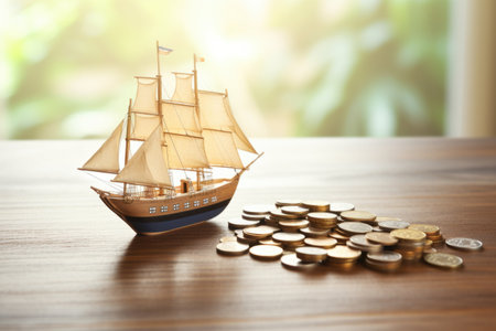 model ship sailing towards insurance policy cover on wooden table, created with generative aiの素材