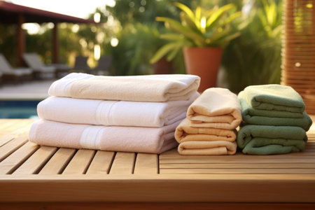towels neatly folded on a wooden bench near a spa pool, created with generative aiの素材