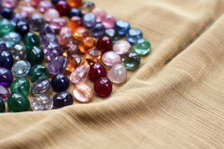 assorted gemstones on a woven fabric, created with generative aiの素材