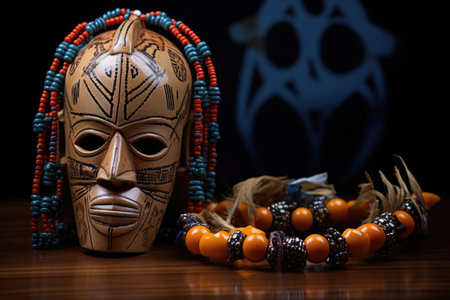 traditional african mask juxtaposed with a rosary, created with generative aiの素材