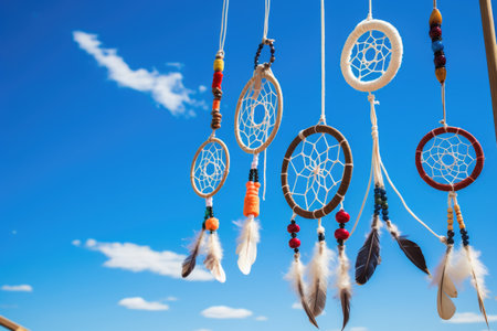 hanging dream catchers against a blue sky, created with generative aiの素材