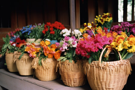 overflowing baskets of flowers for a cultural gathering, created with generative aiの素材