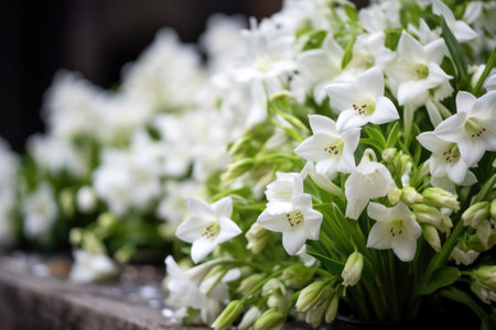 white flowers on a graveyard headstone, created with generative aiの素材