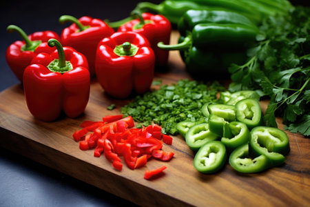 juxtaposed green and red peppers on a board, created with generative aiの素材