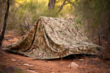 a camouflage tent camouflaged among desert shrubs, created with generative aiの素材