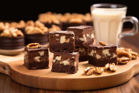 bite-sized brownies with nuts on a wooden serving board, created with generative aiの素材