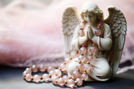 a rosary wrapped around the hands of a stone angel figurine, created with generative aiの素材