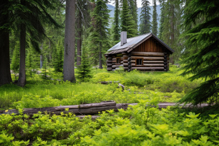 log cabin among lush forest pines, created with generative aiの素材