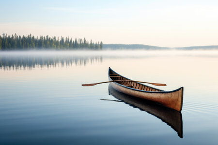 a solo canoe resting on a calm, pristine lake, created with generative aiの素材