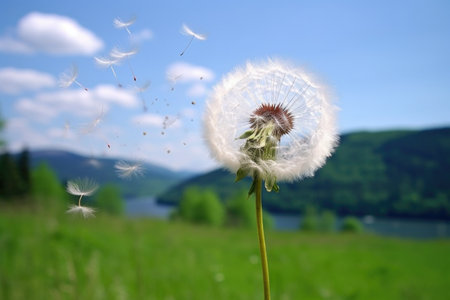 fluffy dandelion dispersing in a gentle breeze, created with generative aiの素材